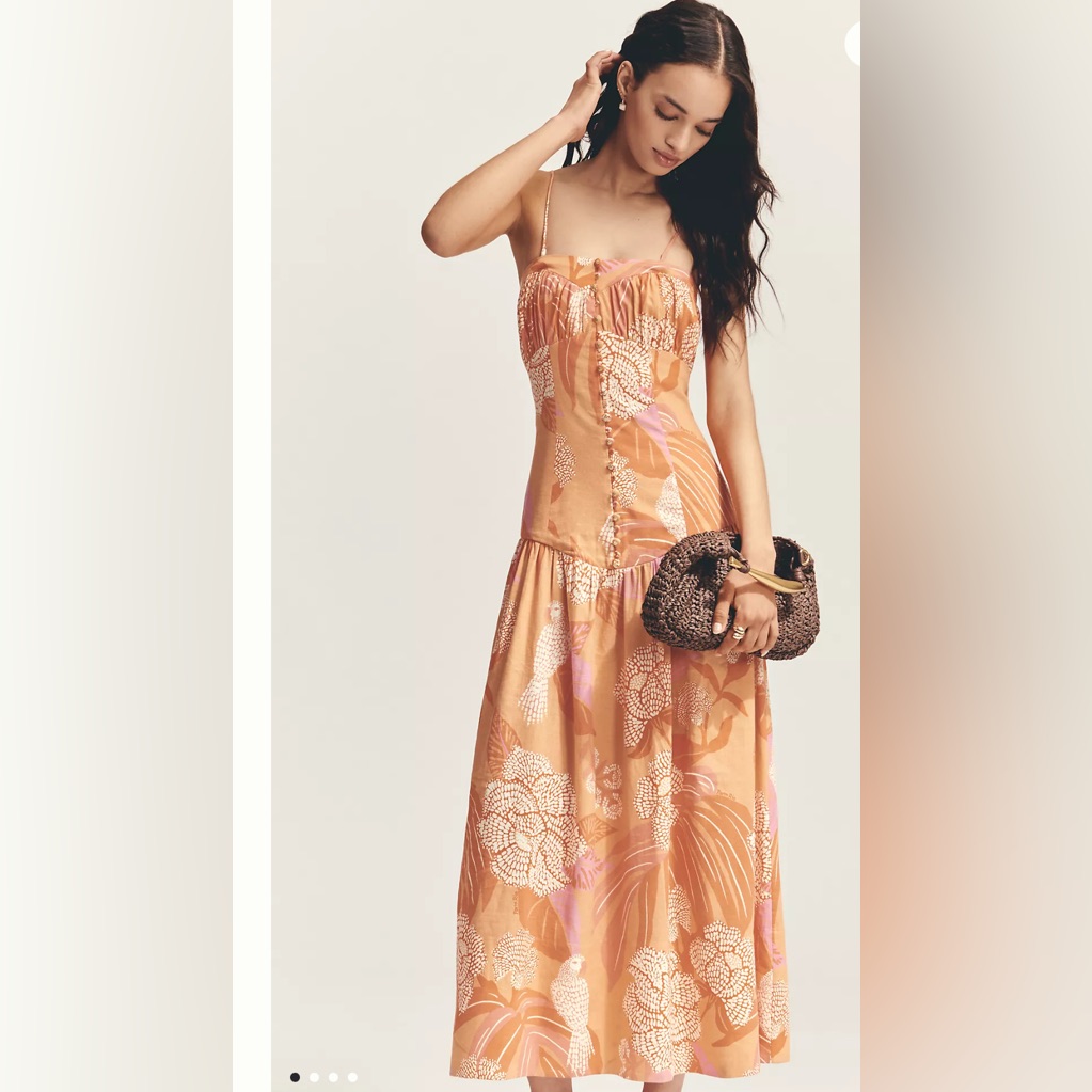Farm Rio X Anthropologie Linen Blend Strapless Drop-Waist Maxi Dress